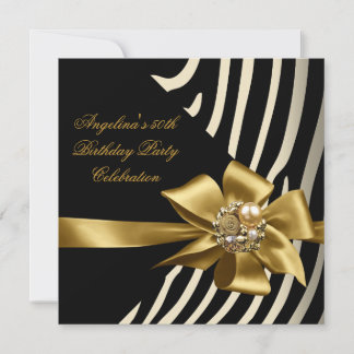 50th Zebra Gold Cream Black Birthday Party Invitation