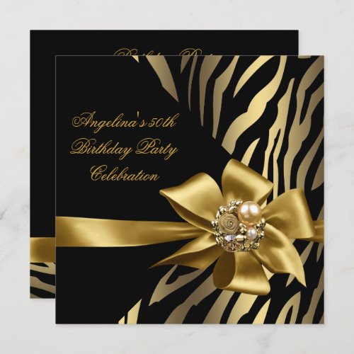 50th Zebra Old Gold Cream Black Birthday Party Invitation