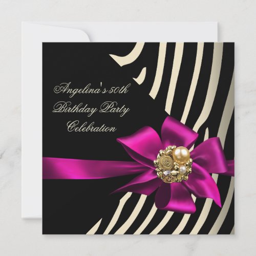 50th Zebra Pink Gold Cream Black Birthday Party Invite