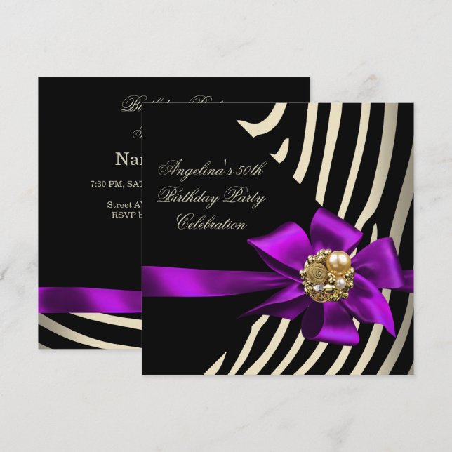 50th Zebra Purple Gold Cream Black Birthday Party Invitation (Front/Back)