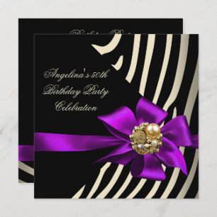 50th Zebra Purple Gold Cream Black Birthday Party Invitation