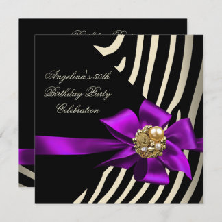 50th Zebra Purple Gold Cream Black Birthday Party Invitation