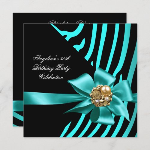 50th Zebra Teal Gold Black Elegant Birthday Party Invitation