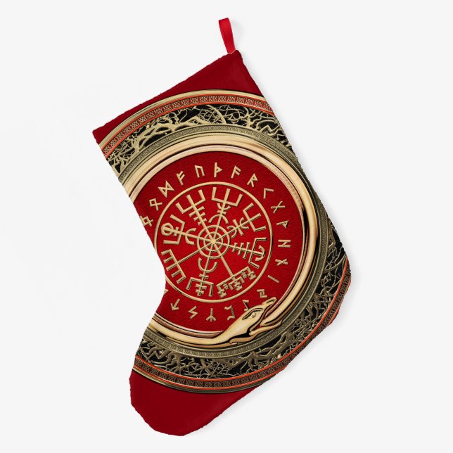 [510] Vegvisir - Viking Gold Magic Runic Compass Large Christmas Stocking (Back (Hanging))