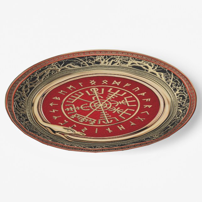 [510] Vegvisir - Viking Gold Magic Runic Compass Paper Plates (Angled)