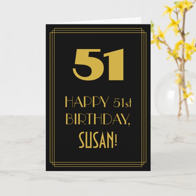 51st Birthday ~ Art Deco Inspired Look "51" & Name Card (Yellow Flower)