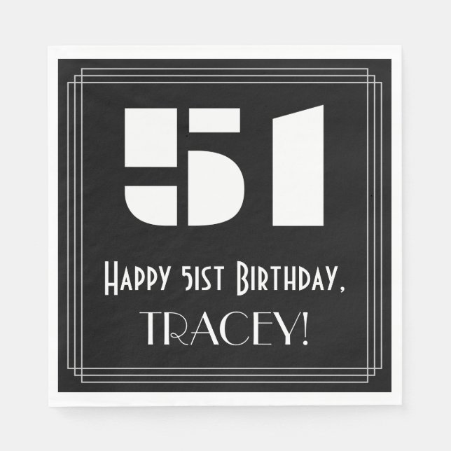51st Birthday: Art Deco Inspired Look "51" + Name Napkins (Front)
