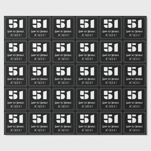 51st Birthday: Art Deco Inspired Look "51" & Name Wrapping Paper (Flat)