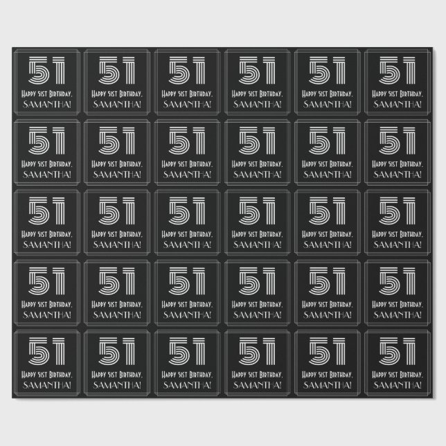 51st Birthday: Art Deco Inspired Look "51" w/ Name Wrapping Paper (Flat)