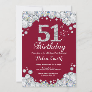 51st Birthday Burgundy Chalkboard Silver Diamond Invitation