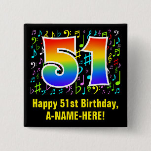 51st Birthday: Colorful Music Symbols, Rainbow 51 Button
