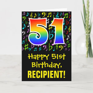 51st Birthday: Colorful Music Symbols + Rainbow 51 Card