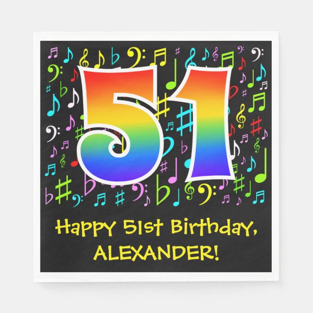 51st Birthday - Colorful Music Symbols, Rainbow 51 Napkins (Front)