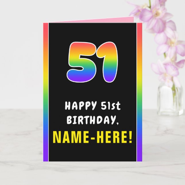 51st Birthday: Colorful Rainbow # 51, Custom Name Card (Orchid)