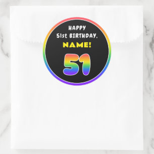 51st Birthday: Colorful Rainbow # 51, Custom Name Classic Round Sticker