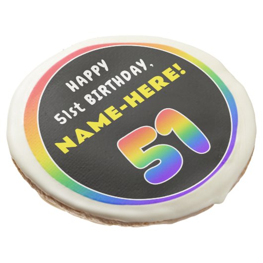 51st Birthday: Colorful Rainbow # 51, Custom Name Sugar Cookie (Angled)