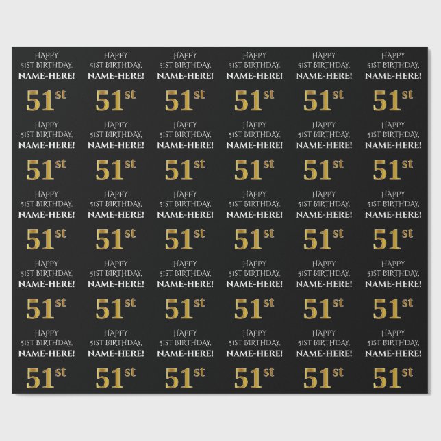 51st Birthday: Elegant, Black, Faux Gold Look Wrapping Paper (Flat)