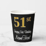 [ Thumbnail: 51st Birthday - Elegant Luxurious Faux Gold Look # Paper Cups ]