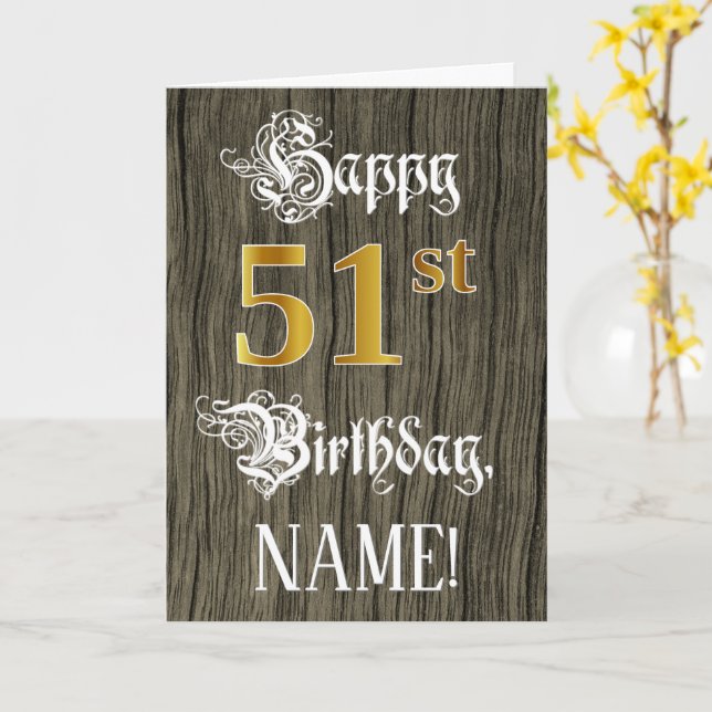 51st Birthday: Faux Gold Look + Faux Wood Pattern Card (Yellow Flower)