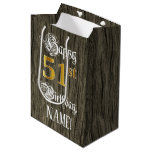 [ Thumbnail: 51st Birthday: Faux Gold Look & Faux Wood Pattern Gift Bag ]