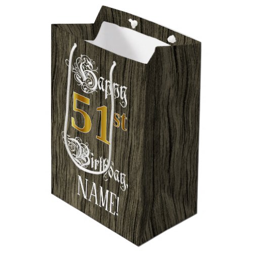 51st Birthday Faux Gold Look  Faux Wood Pattern Medium Gift Bag