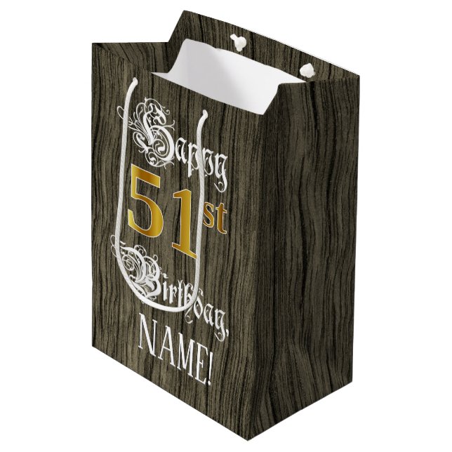 51st Birthday: Faux Gold Look & Faux Wood Pattern Medium Gift Bag (Front Angled)