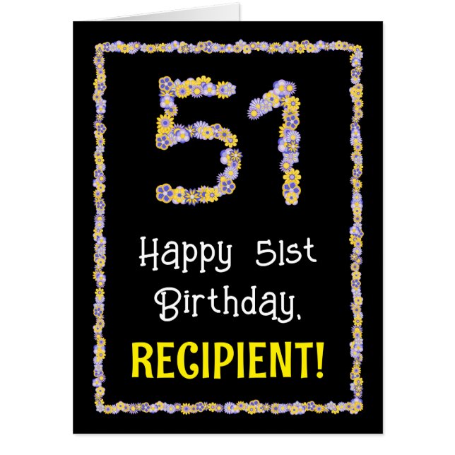 51st Birthday: Floral Flowers Number “51” + Name Card (Front)