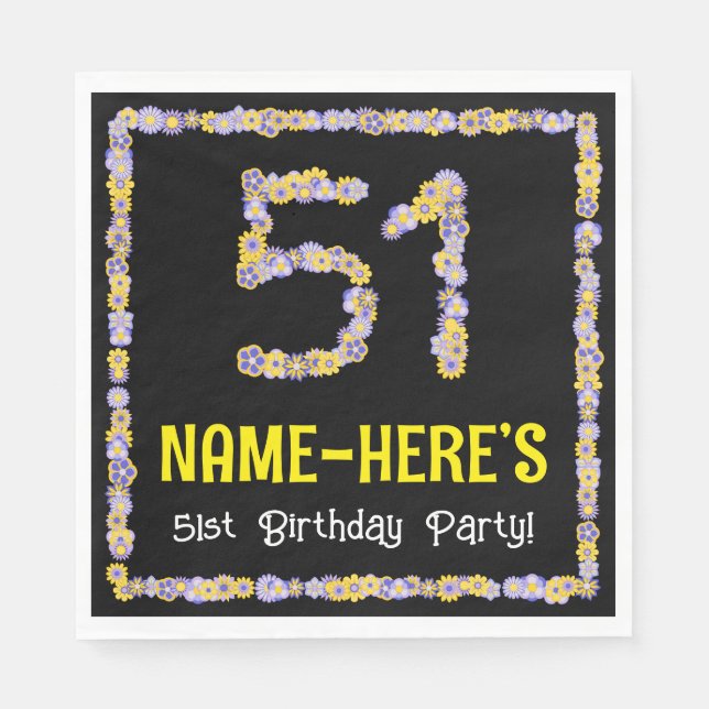 51st Birthday: Floral Flowers Number, Custom Name Napkins (Front)