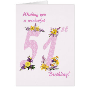 51st Birthday Flower Decorated Numbers Cards