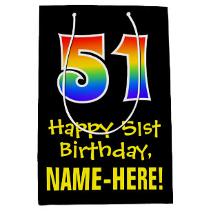 51st Birthday: Fun, Bold, Colorful, Rainbow "51" Medium Gift Bag