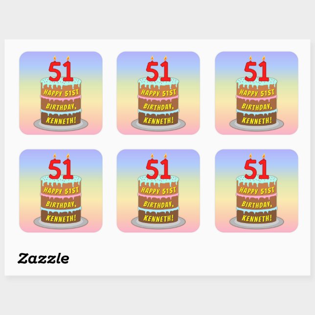51st Birthday: Fun Cake and Candles + Custom Name Square Sticker (Sheet)