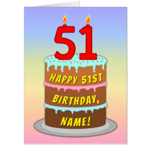 51st Birthday: Fun Cake & Candles, w/ Custom Name Card