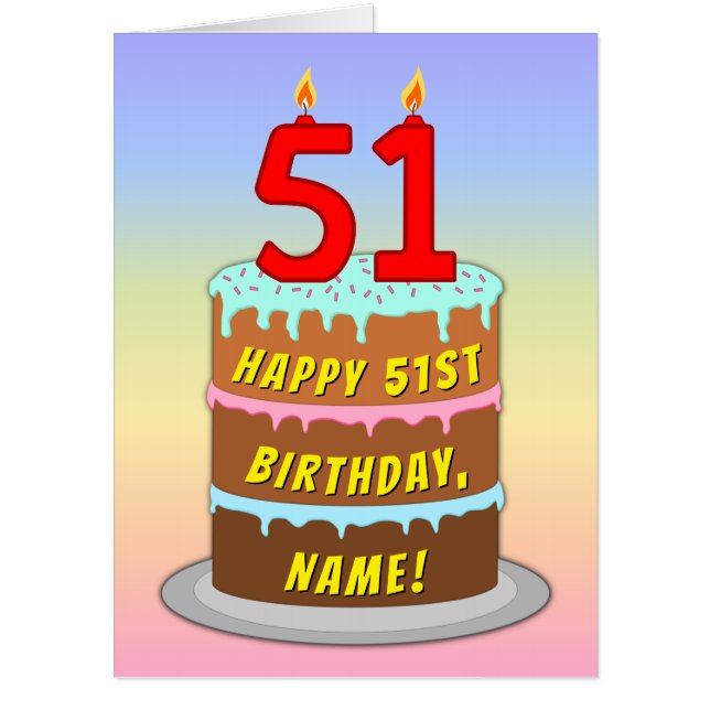 51st Birthday: Fun Cake & Candles, w/ Custom Name Card (Front)