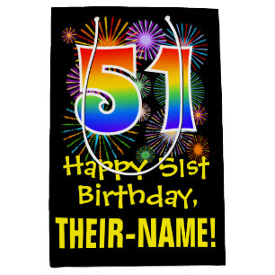 51st Birthday: Fun Fireworks Pattern + Rainbow 51 Medium Gift Bag