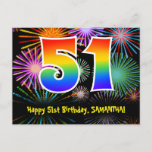 [ Thumbnail: 51st Birthday – Fun Fireworks Pattern + Rainbow 51 Postcard ]