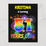 [ Thumbnail: 51st Birthday - Fun Fireworks, Rainbow Look "51" Postcard ]