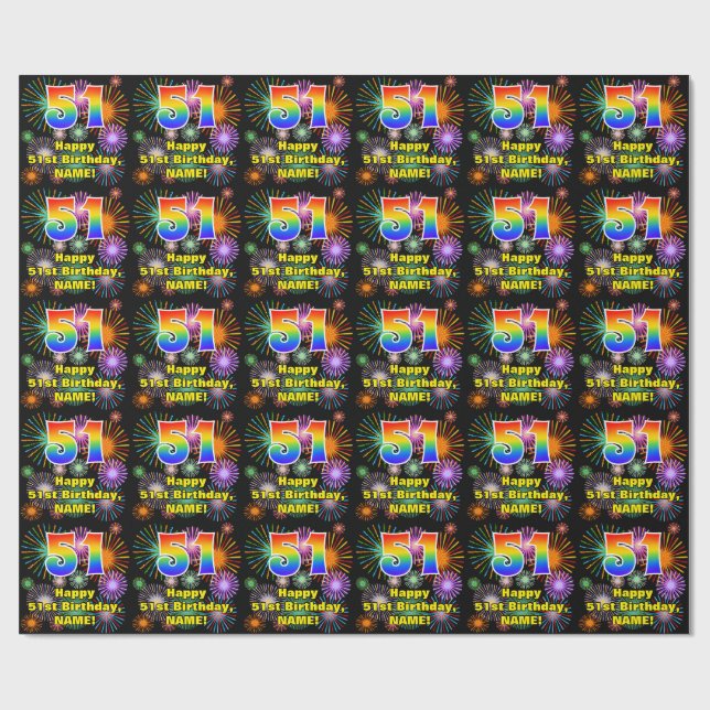 51st Birthday: Fun Fireworks, Rainbow Look # “51” Wrapping Paper (Flat)