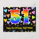 [ Thumbnail: 51st Birthday: Fun Hearts Pattern, Rainbow 51 Postcard ]