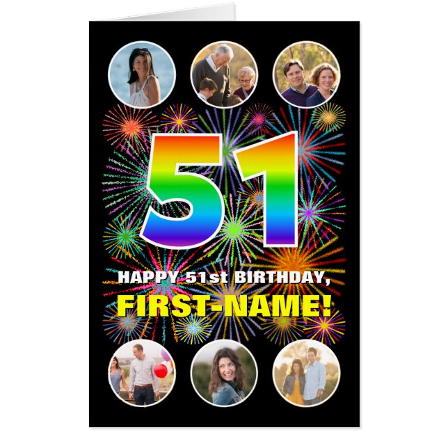51st Birthday: Fun Rainbow #, Custom Name + Photos Card (Front)