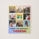 [ Thumbnail: 51st Birthday: Fun Rainbow #, Custom Name & Photos Jigsaw Puzzle ]