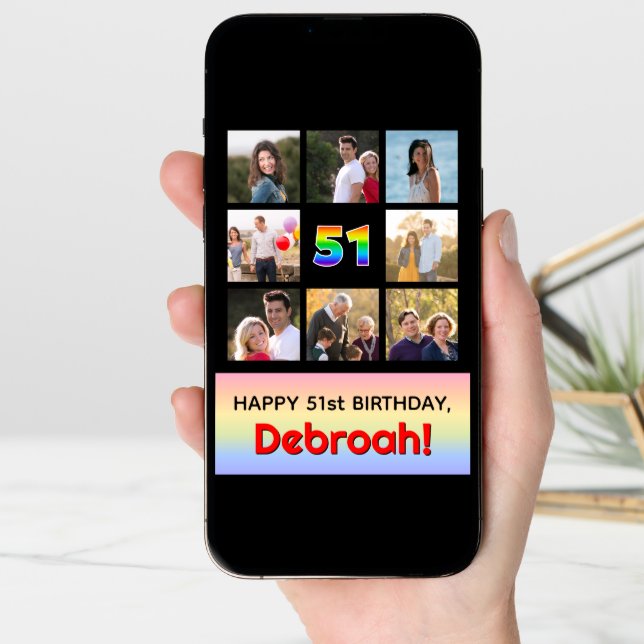 51st Birthday: Fun Rainbow #, Custom Photos + Name Card (Front Digital)
