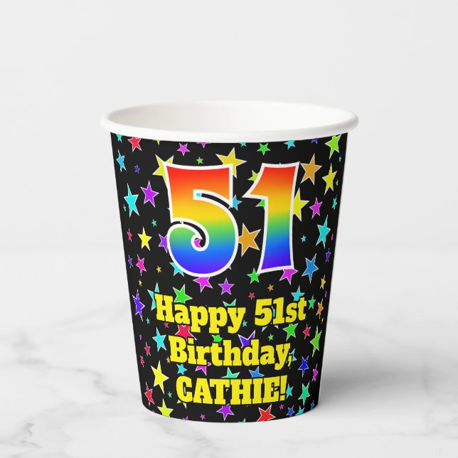 51st Birthday: Fun Stars Pattern and Rainbow 51 Paper Cups (Back)