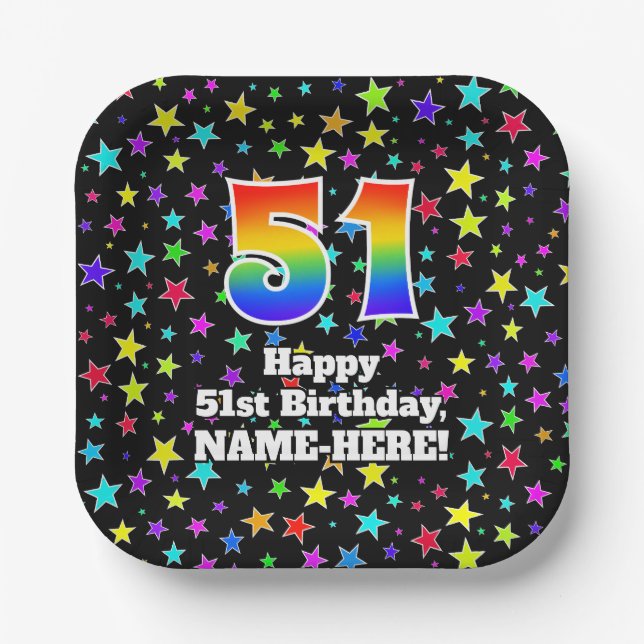 51st Birthday: Fun Stars Pattern and Rainbow “51” Paper Plates (Front)