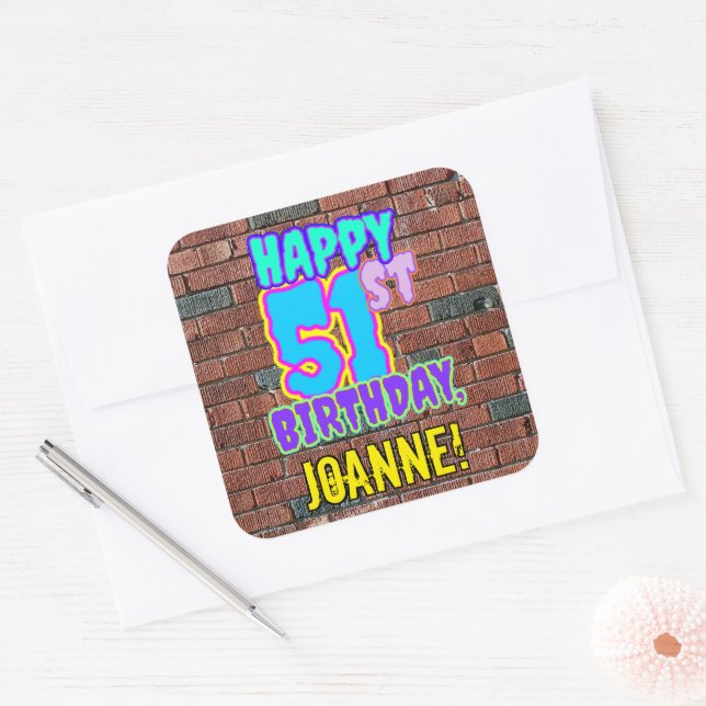 51st Birthday – Fun, Urban Graffiti Inspired Look Square Sticker (Envelope)