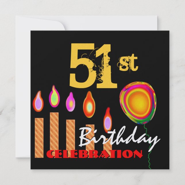 51st Birthday Gold Candles and Balloon Metallic Invitation (Front)