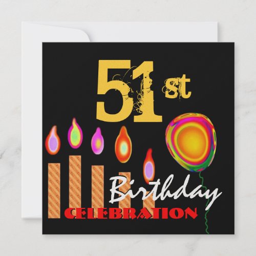 51st Birthday Gold Candles and Balloon Metallic Invitation
