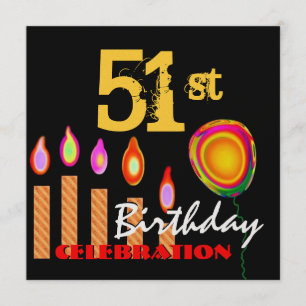 51st Birthday Gold Candles and Balloon Metallic Invitation