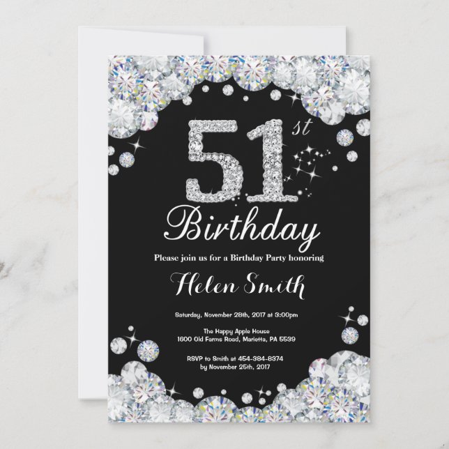 51st Birthday Invitation Chalkboard Silver Diamond (Front)