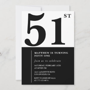 51st birthday invitations Black and White Elegant