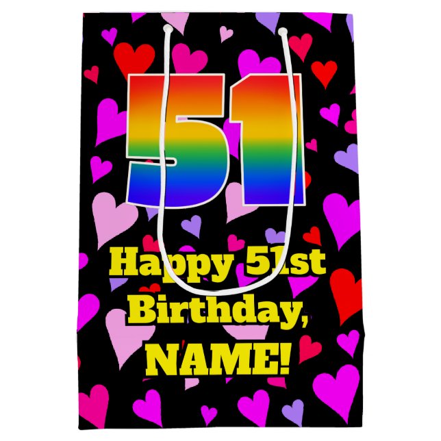 51st Birthday: Loving Hearts Pattern, Rainbow # 51 Medium Gift Bag (Back)